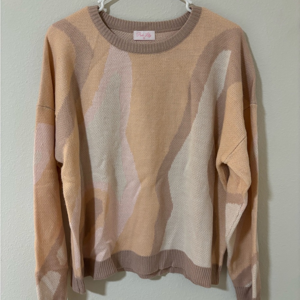 Pink Lily - Women’s Pink & Beige Crew Neck Sweater Size Small